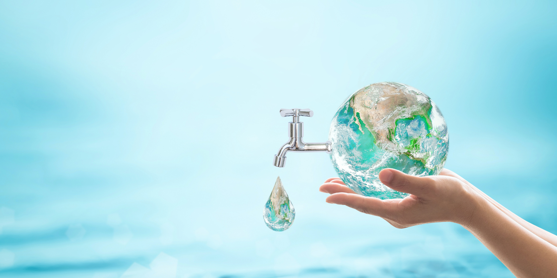 Illustration représentant un robinet suspendu laissant s’écouler une goutte d’eau en forme de planète Terre, symbolisant l'économie d’eau et la préservation des ressources naturelles.