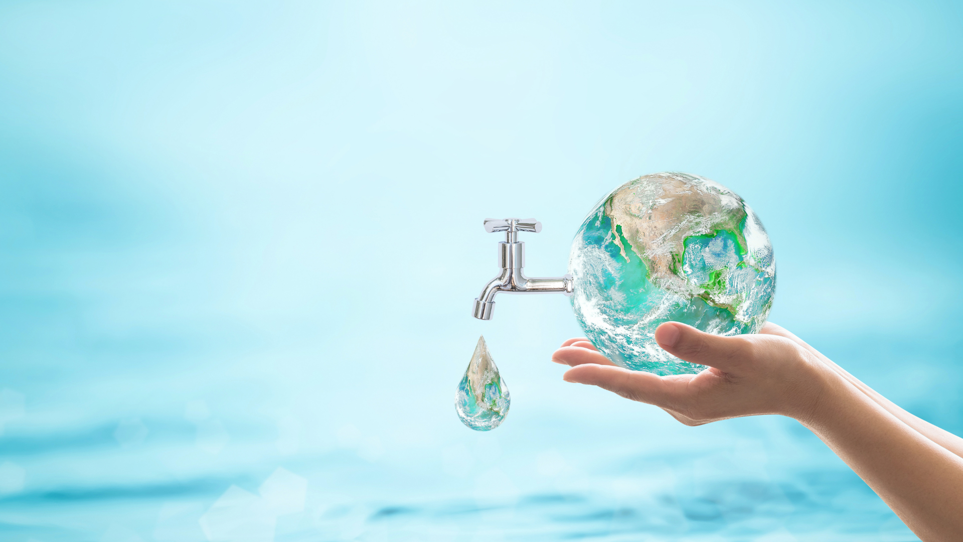 Illustration représentant un robinet suspendu laissant s’écouler une goutte d’eau en forme de planète Terre, symbolisant l'économie d’eau et la préservation des ressources naturelles.