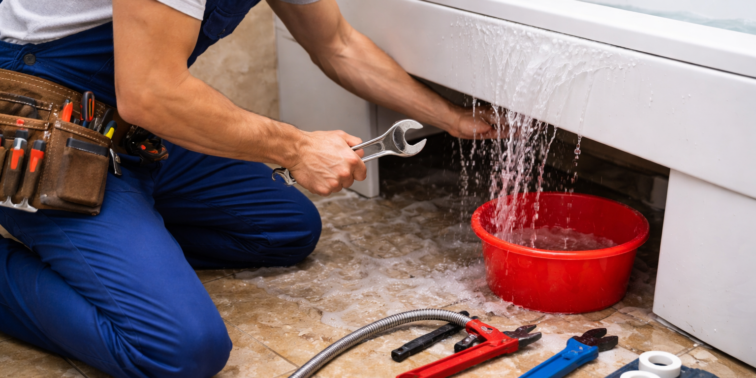 Plombier en train de réparer une fuite sous une baignoire avec de l’eau qui s’écoule dans un seau rouge